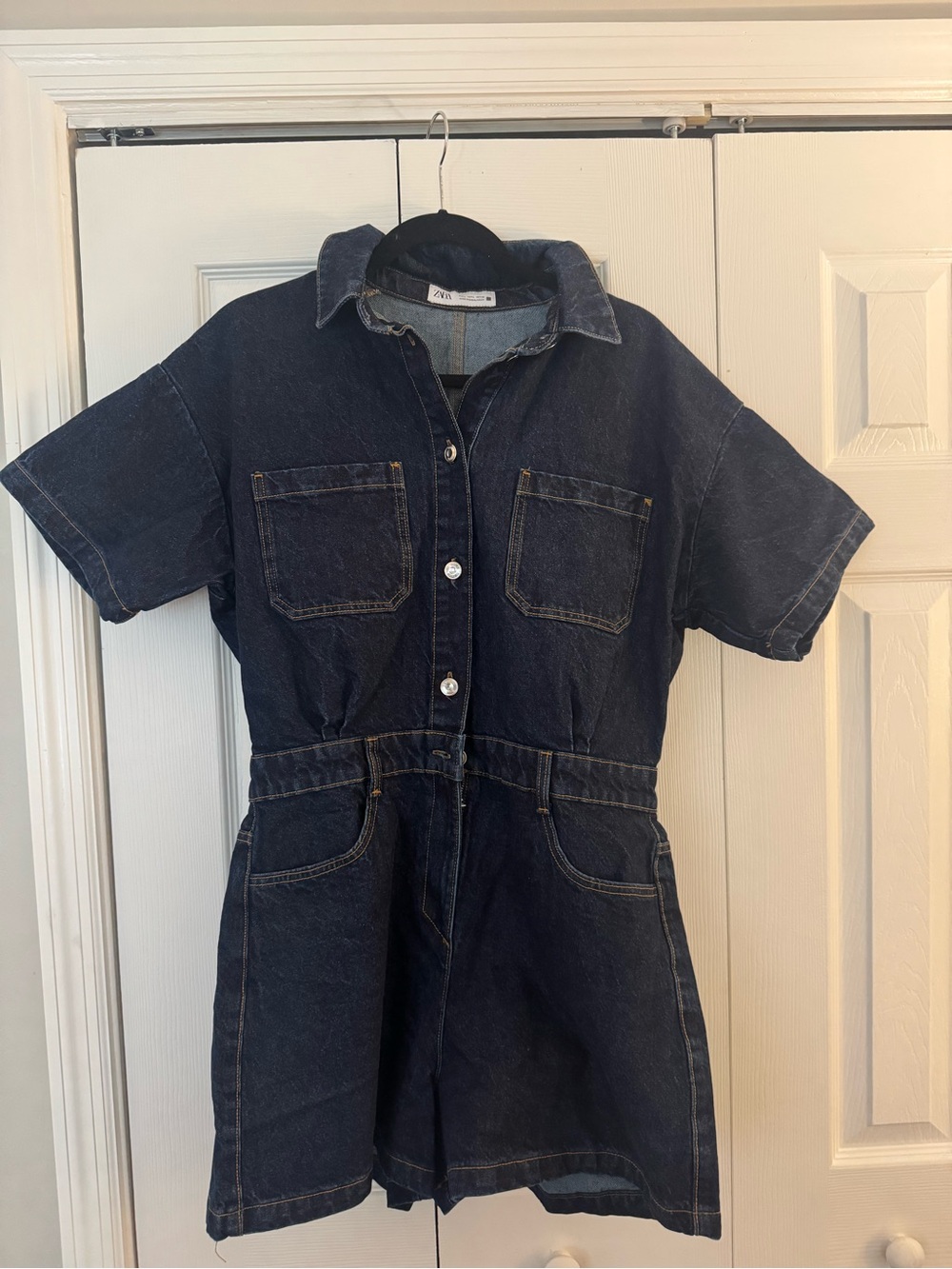 Zara Dark Blue Denim Short Sleeve Romper